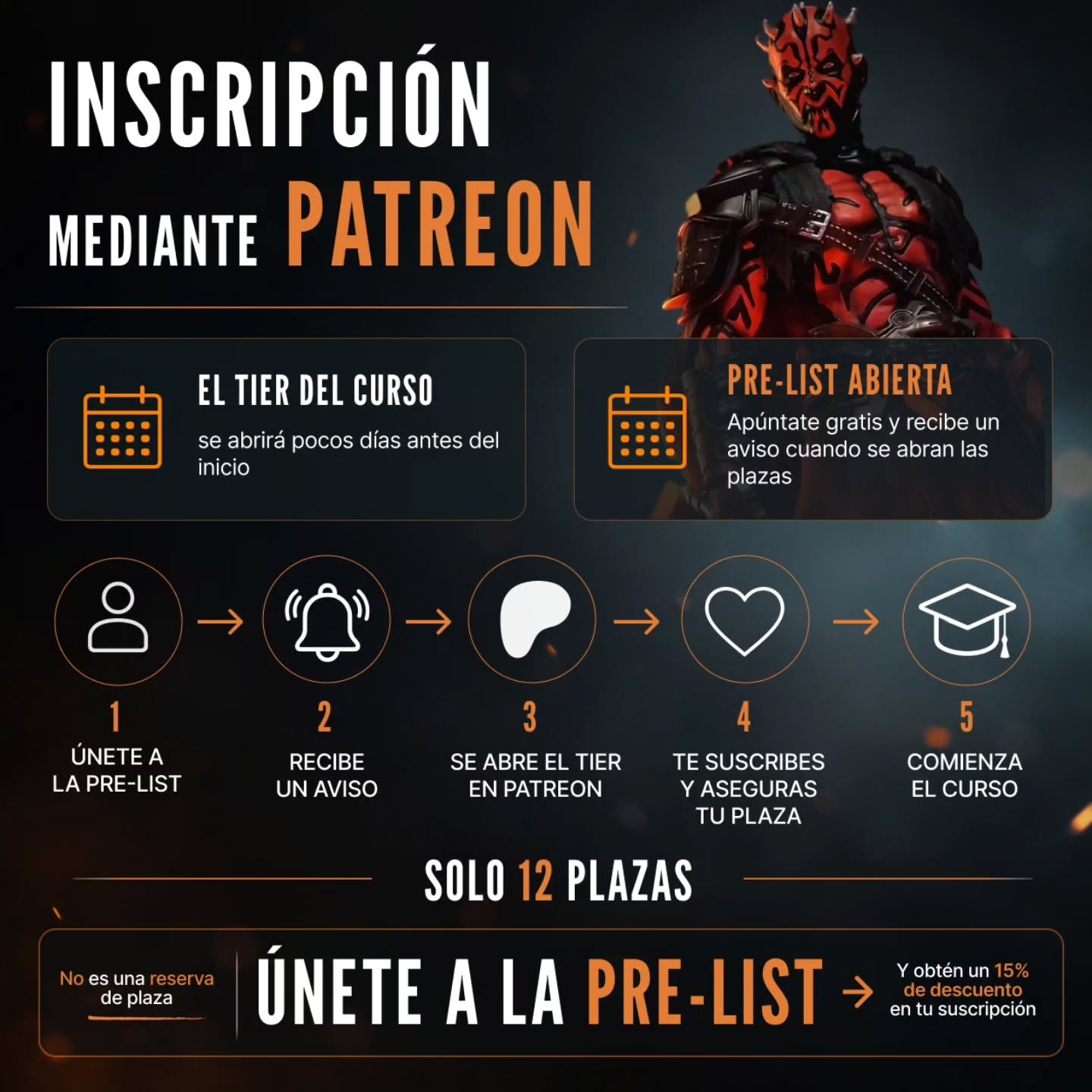 How to enroll through Patreon: join the pre-list, get notified, subscribe when the tier opens, start the course.