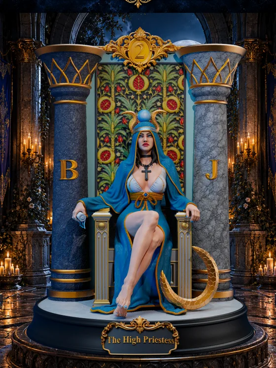Full view of The High Priestess printable collectible on her throne