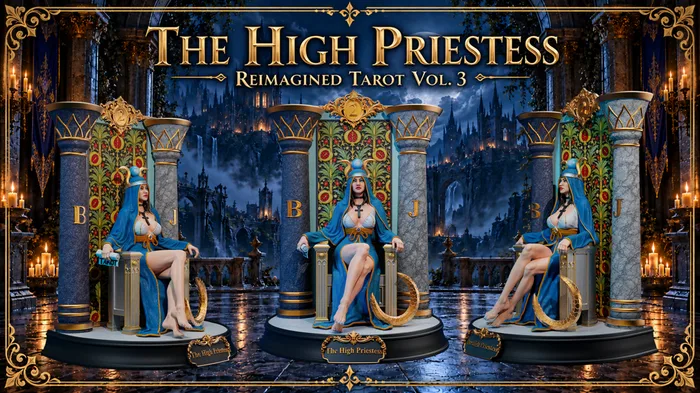 The High Priestess collectible shown from three angles for the Kickstarter campaign