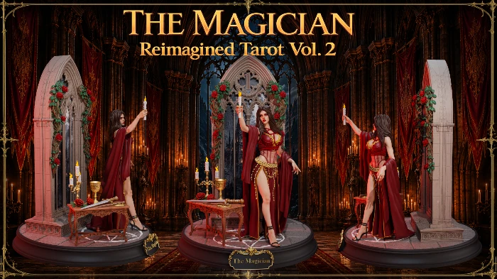 The Magician collectible shown from three angles for the Kickstarter campaign